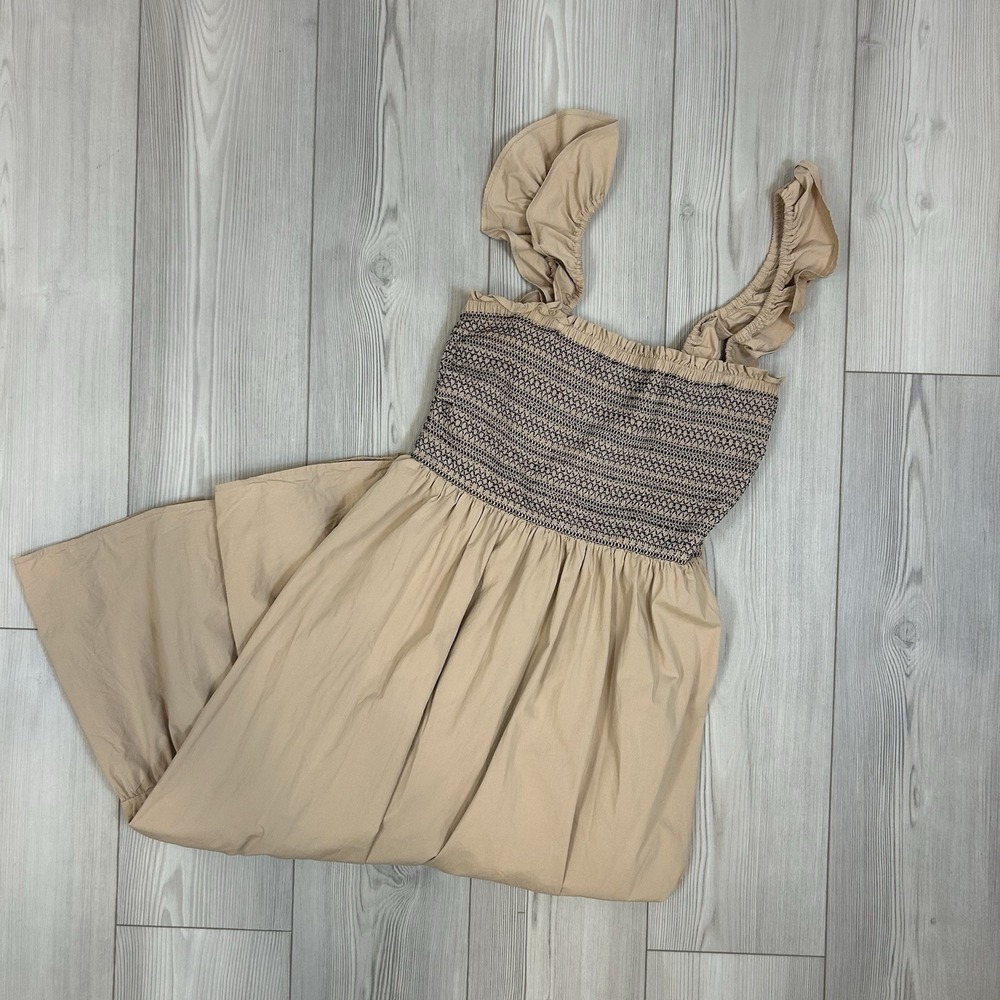 Ann Taylor Size Small Smocked Ruffle Shoulder Maxi Dress‎ Tan Brown